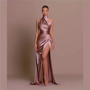 Elegant Asymmetrical Satin Dress in Rose Gold off shoulder halter prom gala gown